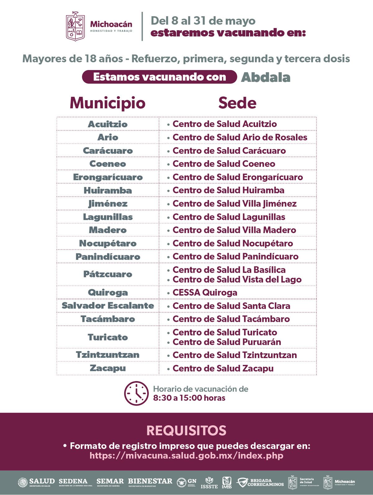 En mayo, vacunación contra COVID-19 en 86 municipios de Michoacán