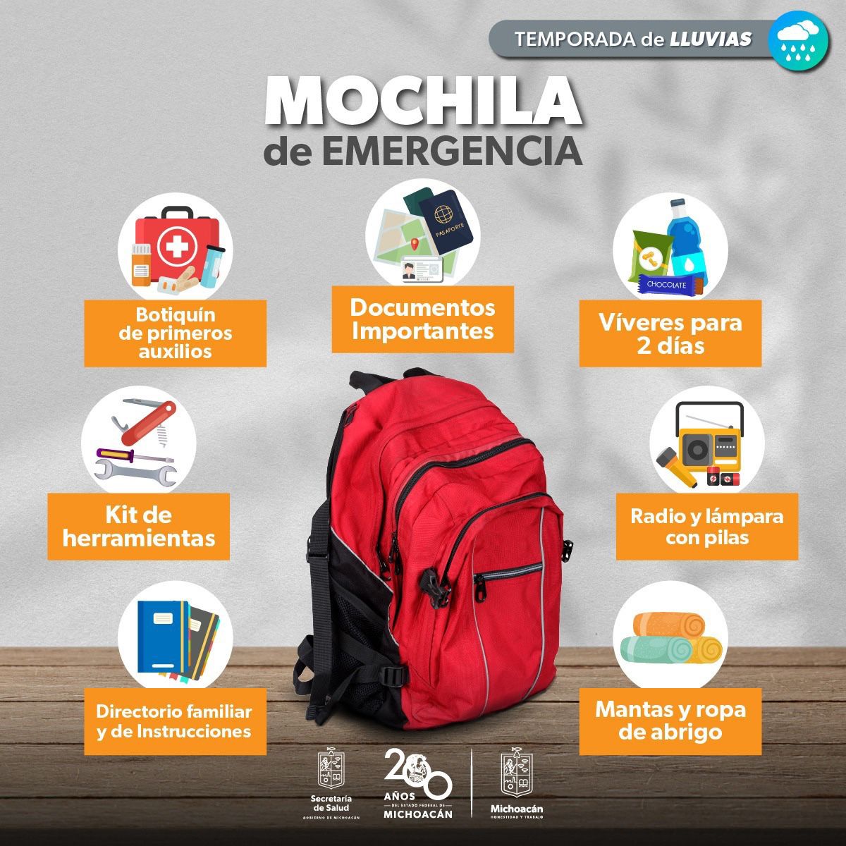 Prepara mochila de emergencia ante lluvia