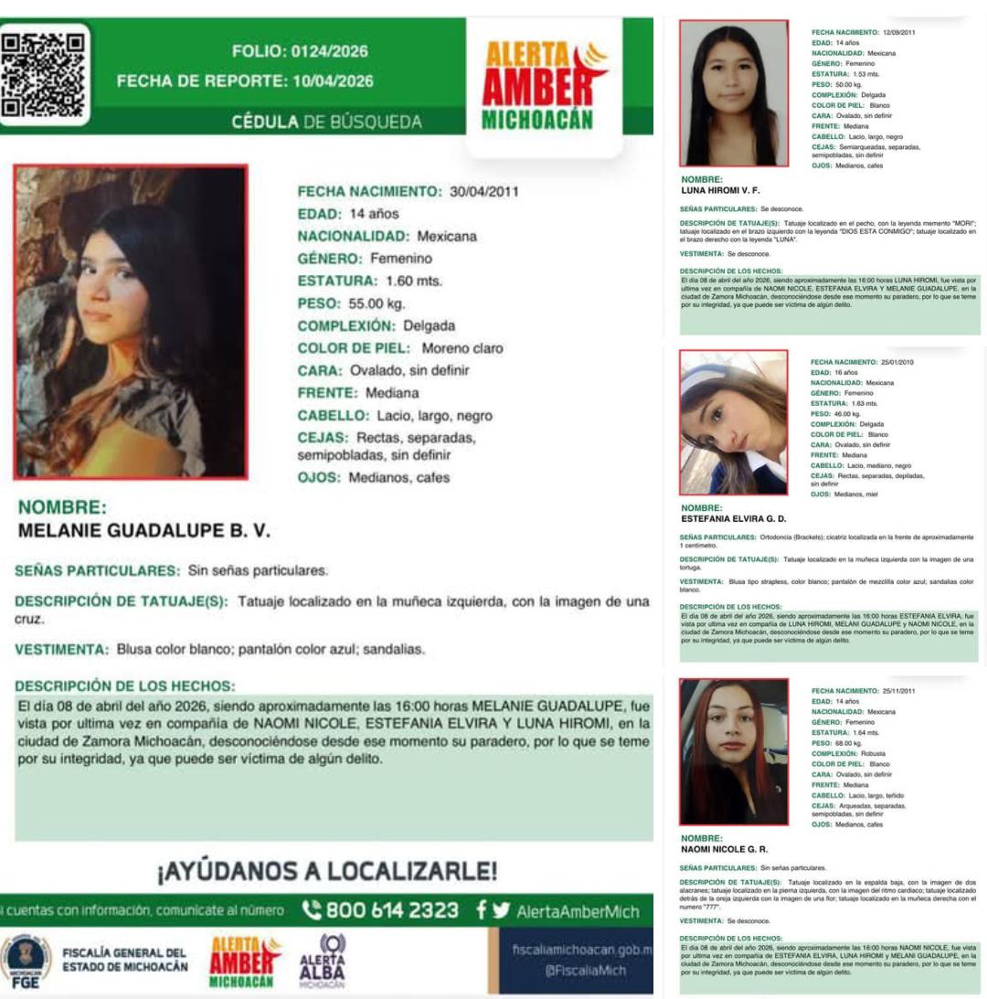 Alerta por desaparición de 4 adolescentes de 14 y 16 años de edad, en Zamora