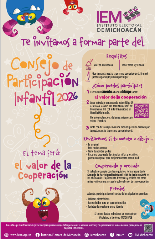 Invita IEM a niñas y niños michoacanos a formar
parte del Consejo de Participación Infantil 2026