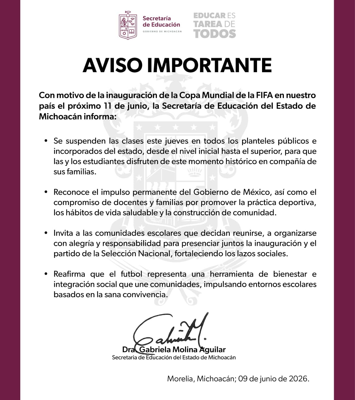Familias podrán disfrutar de la inauguración del Mundial; no habrá clases el 11 de junio: Gabriela Molina