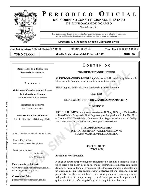 Entró en vigor Reforma de Bedolla en materia de extorsión; hasta 25 años de prisión para delincuentes