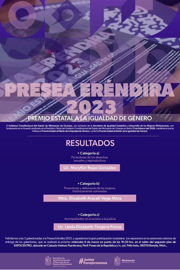 Dan a conocer las 3 ganadoras de la Presea Eréndira 2023