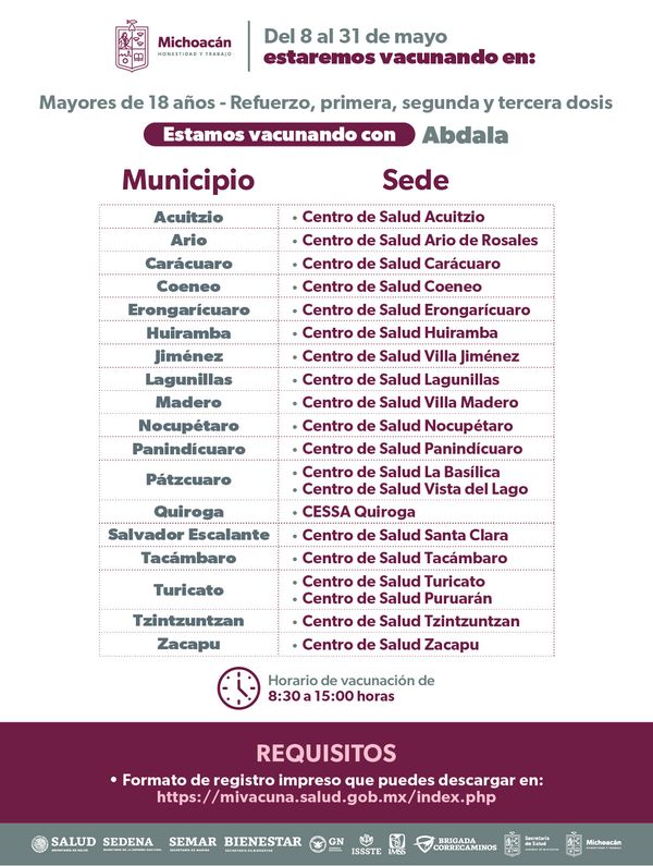 En mayo, vacunación contra COVID-19 en 86 municipios de Michoacán