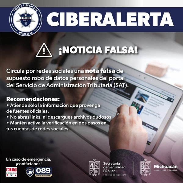 SSP emite alerta sobre mensaje apócrifo de robo de información del SAT, en redes sociales