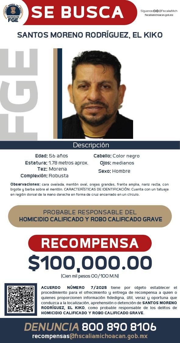 Publican FGE y Gobierno de Michoacán cédula de recompensa para la detención del presunto responsable del homicidio del presidente municipal de Tacámbaro y su escolta