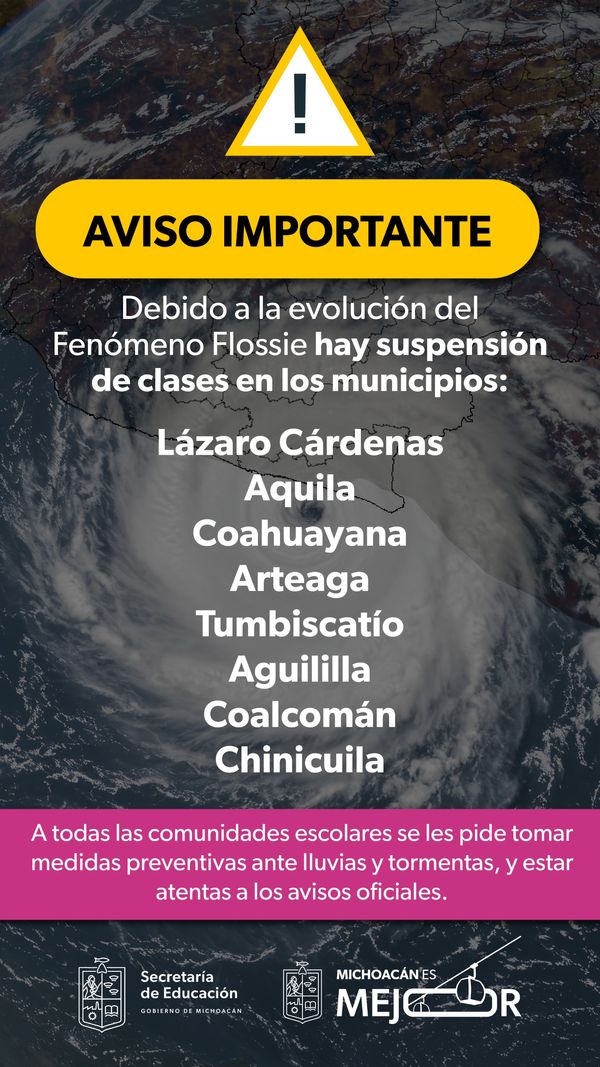 Por Tormenta Tropical Flossie se suspenderán clases en 8 municipios