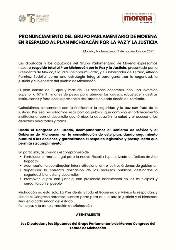 Postura del Grupo parlamentario Morena, ante el plan Michoacán